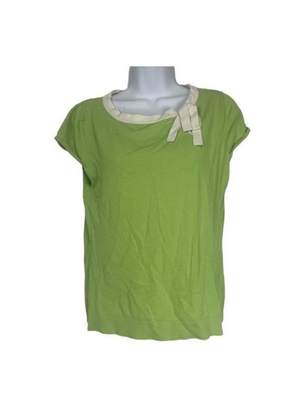 Versailles Green Womens Top With White Ribbon Accent Short Sleeve Rayon Blend M